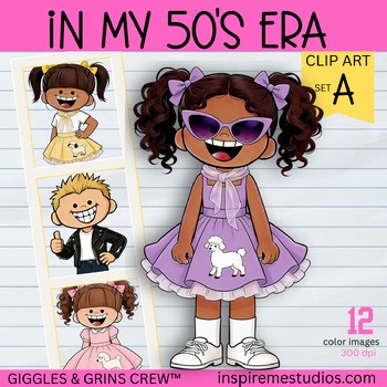 50th Day of School Kids Clipart Color — 1950s Poodle Skirt Theme, Rock N Roll