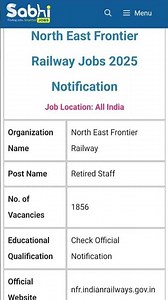 North East Frontier Railway Jobs Notification 2025: Apply Online for 1856 Retired Staff