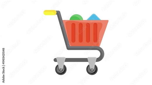 Vector illustration of a shopping cart, featuring a simple design with wheels and an open basket for carrying items.