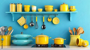 A kitchen with bright blue walls is ready for cooking, with yellow pots, bowls, and utensils