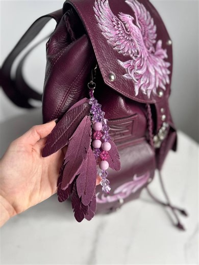 Feather Backpack Keychain Charm Leaves Leather Bag Charm Leather Purse Charm Cute Beaded Bag Charm Cute Leather Keychain Accessories - Etsy