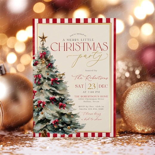 Christmas Party Invitation Template Printable, Christmas Tree Invite, Holiday Party Invite, Red Bow Gold - Etsy