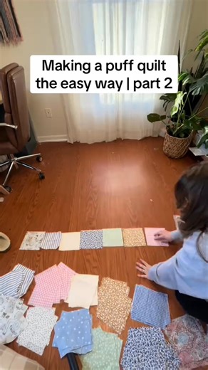 Part 2 | This puff quilt is coming along beautifully and the method I’m showing you here is soooo much easier (and less wasteful) than the other way I’ve seen these made! Video by Garren Roberts #sewtok #quilting #quilt #quiltersoftiktok #sewing #sewingtiktok #sewingforyoupage #puffquilt | Sharon Green