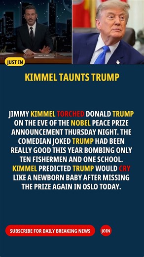 Kimmel Taunts Trump on Nobel Eve, Predicts Tears as Peace Prize Slips Away Yet Again Tonight