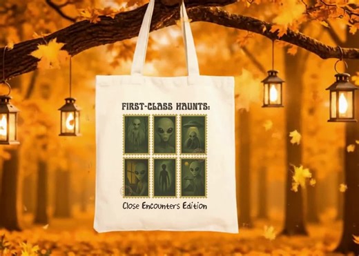 Grey Alien Extraterrestrial Tote With Retro UFO Stamps Design, Spooky & Sci-fi, Great for Halloween, Trick-or-treating, Paranormal Lovers - Etsy