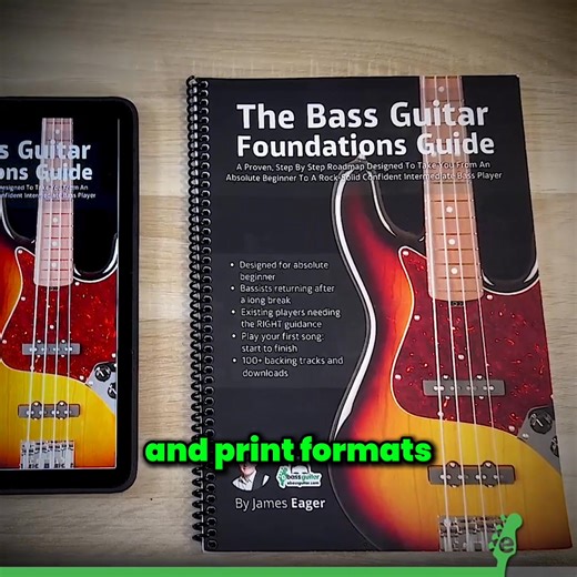 For $9, you can download 𝐓𝐡𝐞 𝐁𝐚𝐬𝐬 𝐆𝐮𝐢𝐭𝐚𝐫 𝐅𝐨𝐮𝐧𝐝𝐚𝐭𝐢𝐨𝐧𝐬 𝐆𝐮𝐢𝐝𝐞 𝐁𝐨𝐨𝐤 where I’ll show you how fast and easy it is to start playing bass using the 6-Stage Bass Foundations System. This book has helped thousands of students go from absolute beginner to confident bassist, playing rock-solid bass lines with ease. No confusing theory. No overwhelming exercises. Just a step-by-step roadmap to get you playing your first note all the way to playing your first song on the bass 