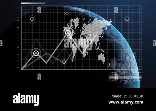 Dotted world map HUD animating as first node appears, markers pulsing, graph rising to show trends. Analytics, dashboard, futuristic, infographic, data, visualization, grid Stock Video Footage - Alamy