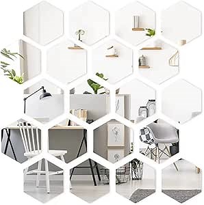 Mirror Wall Stickers Self Adhesive Hexagonal 20Pcs Peel and Stick Mirror Tiles for Bedroom Living Room Silver 3D Acrylic Wall Decals DIY Wall Décor