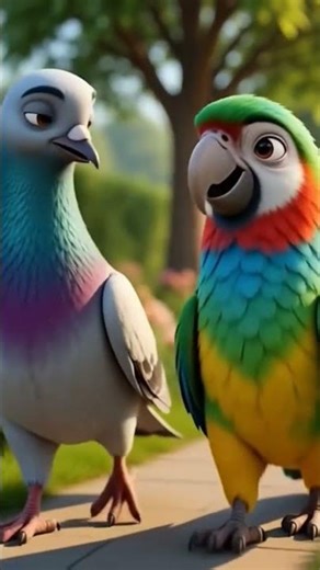 3D Animation: Dove and Parrot Talking Together in a Beautiful Garden Morning Scene