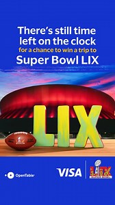 Time is almost up to add your eligible US Visa Infinite® card to your OpenTable account, and when you book and dine at a Visa Dining Collection restaurant in the US from November 15th - December 15th, you could win a trip to Super Bowl LIX, courtesy of Visa! To learn more about how to enter, visit our website at VDCsweepstakes.com. NO PURCHASE OR OBLIGATION NECESSARY TO ENTER OR WIN. Open to 50 U.S. & D.C., 18 . Void in P.R. & where prohibited. Ends 12/15/24. For full Official Rules including de
