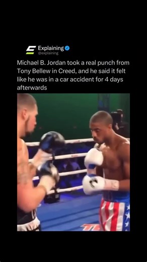 Explaining on Instagram: "During the filming of Creed (2015), Michael B. Jordan took a real punch from Tony Bellew, the former professional boxer who played “Pretty” Ricky Conlan. Jordan has described the punch as incredibly intense, saying it felt like being in a car accident and left him sore for four days. The filmmakers wanted the fight scenes to feel as realistic as possible, and this commitment to authenticity meant that some punches were actually thrown for real, rather than being entirel