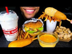ASMR FIVE GUYS BURGERS MUKBANG CHEESY CORN DOG CAJUN FRIES MILKSHAKE JERRY *NO TALKING* EATING SHOW