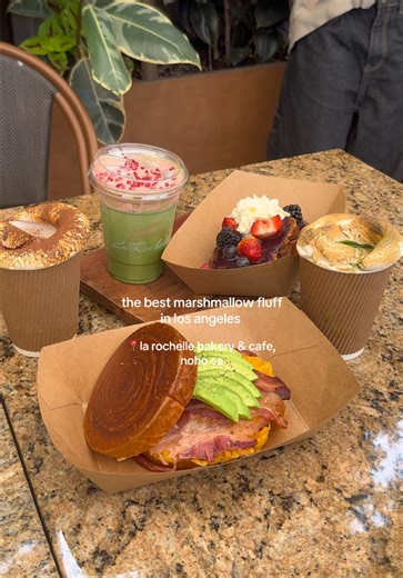 this place is a perfect spot for brunch, cafe studying, or just to try the viral marshmallow fluff drinks! thank you so much @La Rochelle Bakery for having us! this place is a MUST TRY!!! everything we ordered: -fluffy coco (with marshmallow fluff) -green matcha (with marshmallow fluff) -beca sandwich -french toast -strawberry matcha 📍 5050 Vineland Ave North Hollywood, CA 91601 United States #la #marshmallowfluff #matcha #cafe #noho
