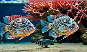 A vibrant and colorful freshwater fish with red fins and a patterned body swims in an aquarium. flowerhorn fish
