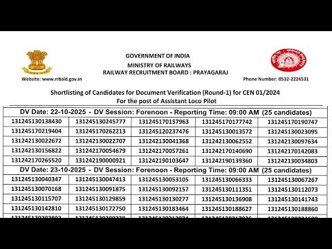RRB Prayagaraj ALP DV Schedule, railway alp document verification #rrbalp