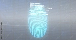 Animation of fingerprint scanning and programming language moving over blurred binary codes