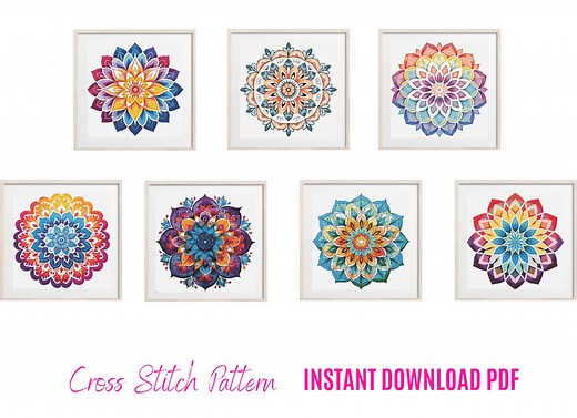 Set of 7 Mandala Cross Stitch Patterns, Flower Mandala Cross Stitch, Colored Crossstitch Pattern, Xstitch Patterns, Embroidery Hoop Art - Etsy