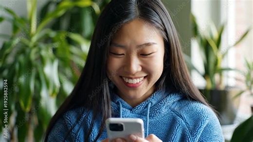 Smiling Asian woman talking to Artificial Intelligence Voice Assistant on smartphone, using Ai chat bot, ai agent agent for helping work, analysis data while sitting on couch in living room at home.