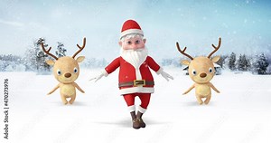 Santa Clause And His Funny Reindeers Dancing At The North Pole. Snowy Day. Christmas, Noel And New Year Related 3D Animation.