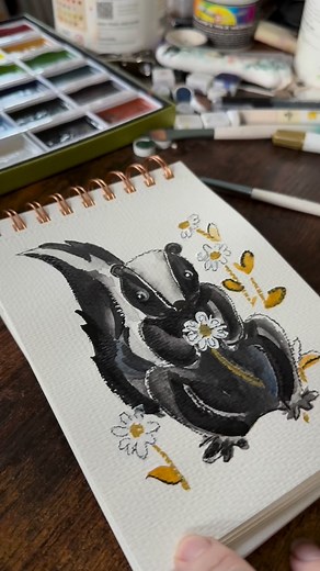 Meet the shy star of my Woodland Creature series — the watercolor skunk! Proof that even the stinkiest critters can be sweet on paper. #paintingseries #woodlandskunk #fluffypigeonart | Fluffypigeon Art