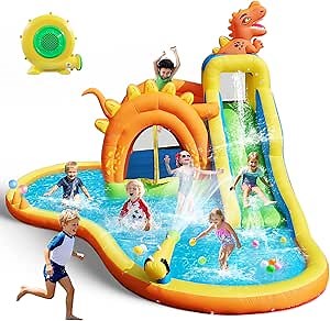 Dinosaur Inflatable Water Slide Park - 7 in 1 Bounce House with Slide, Jump Area, Splash Pool, Climbing Wall & Basketball Hoop | 480W Blower Included | Indoor/Outdoor Backyard Play for Kids 3-10