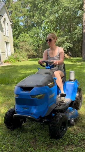 Mowing the lawn- tractor style- no fumes! New @kobalttools Battery powered mower has become a quick favorite this summer! Smooth, quiet, charges fast and no fumes is a WIN! Crazy what batteries can do now! | Tool Girl’s Garage
