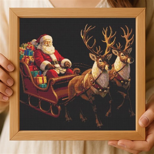 Santa Claus in Sleigh Cross Stitch Pattern With Reindeer & Presents Holiday Christmas Decor Ready to Hang Frame - Etsy Canada