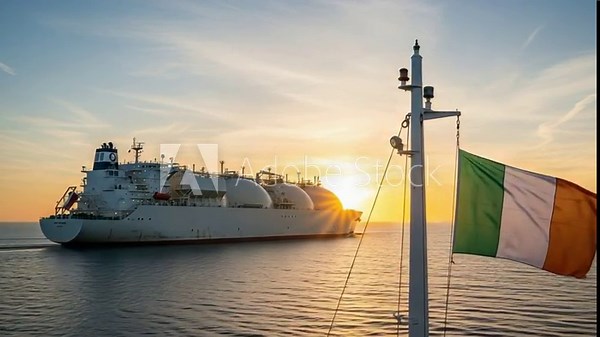 Massive liquefied natural gas (LNG) tanker cruising on the calm sea during a beautiful sunset, with the Irish flag waving proudly from a ship's mast, representing maritime energy trade.