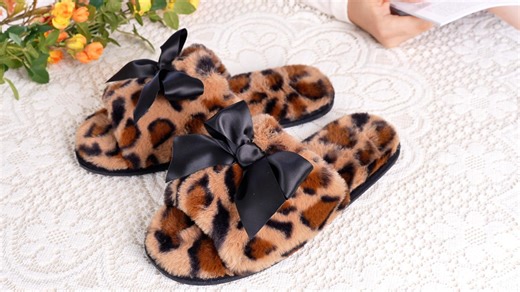 Home Top Women's Open Toe Plush Slippers Cozy Bow Slip-on House Shoes with Non-Slip Rubber Sole Classic Leopard,11-12 US