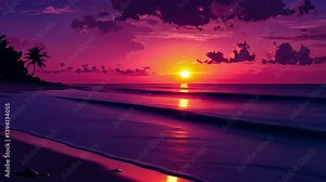 Vivid sunset over tranquil beach with gentle waves and palm trees during summer in a vibrant cartoon style, beautiful sunset on beach on summer cartoon anime style video in background