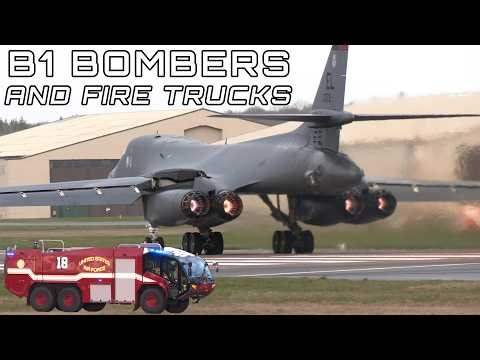 Fire trucks assist B1 bombers with multiple emergencies after returning from Middle East