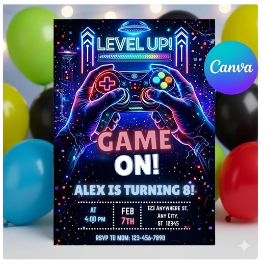 Level up Birthday Invitation, Game on Birthday, Gamer Birthday Invite, Gaming Party, 8th Birthday Boy, Neon Video Game Theme, Editable Canva - Etsy
