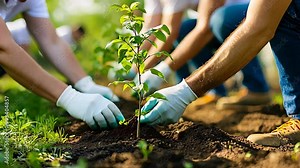 Group of volunteers planting a tree in soil, symbolizing environmental conservation, sustainability, and community-driven reforestation efforts.
