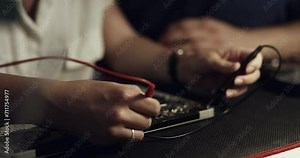 Motherboard, tools and hands of person repair computer hardware, electronics or maintenance of semiconductor. Closeup, tech and expert problem solving, troubleshooting or fixing microchip at night