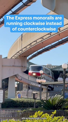 Since at least November 2, the Magic Kingdom Express Monorails have been operating in reverse—running clockwise rather than counterclockwise, matching the direction of the Magic Kingdom Resort Monorails. According to reports, for the foreseeable future, the Express Monorails are operating clockwise in the afternoon and evening, likely to allow trains to exit service more efficiently, since the maintenance access beams run in that direction. In the mornings, however, they continue to run counterc