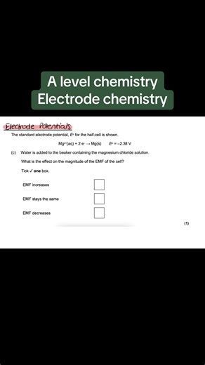 In this video I explain what happens when a solution in a half cell is diluted and how that change in concentration affects the electrode potential. We look at how lowering the concentration of ions shifts the position of equilibrium in the half equation and why this changes the tendency for reduction to occur. I then show how to use this reasoning to predict whether the electrode potential becomes more positive or more negative and how this ultimately affects the overall cell potential. If you 