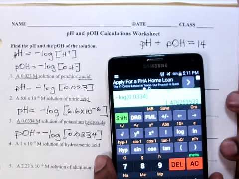 pH and pOH Calculations Worksheet