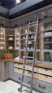 Thank you to @putnamladders for partnering with us for KBIS 2024! Ideal for the butler’s pantry or kitchens with high shelves, Putnam’s gliding ladder makes everyday kitchen tasks easy and effortless. Its quiet glide mechanism, along with the convenience of swift detachment and reattachment, enhances efficiency. The ladder can be customized to match the cabinetry, ensuring a seamless and beautiful integration with your kitchen décor. | Fabuwood Cabinetry