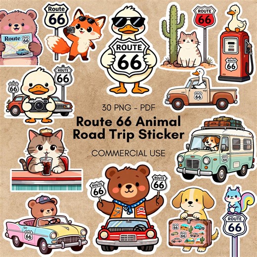 Retro Route 66 Animal Road Trip Stickers Set Clipart Bundle, Vintage Americana PNG PDF Graphics for Stickers, Sublimation - Commercial Use - Etsy