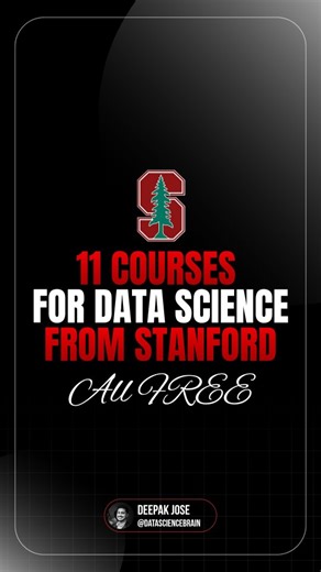 Deepak Jose | Data Science & Gen AI on Instagram: "🎓 FREE Stanford AI & ML Courses You Can't Miss! Stanford just dropped 11 game-changing courses that'll take you from ML basics to cutting-edge LLMs - and they're all FREE! 🚀 Whether you're starting your AI journey or leveling up your skills, this is your roadmap: ✅ Machine Learning fundamentals ✅ Deep Learning & Computer Vision ✅ Reinforcement Learning ✅ NLP & Transformers ✅ Generative AI & LLMs ✅ Building Language Models from scratch No fluff