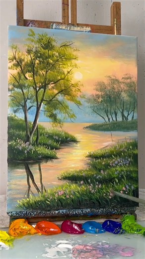 435K views · 13K reactions | Sunset River Landscape | Easy & Relaxing Acrylic Painting Tutorial | HO Art | Facebook