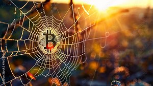Bitcoin Symbol Trapped in a Spider Web with Sunlight Shining Through