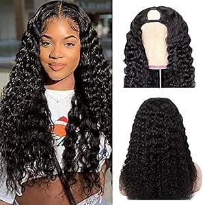 U Part Wigs Human Hair for Black Women - Deep Wave Brazilian Hair 180% Density Full Head Clip in Half Wig - Glueless V Part Pre Plucked U Shape Natural Color (24 Inch)