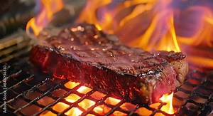 A1 wagyu steak grilling on fire (mov) made with Ai generative technology