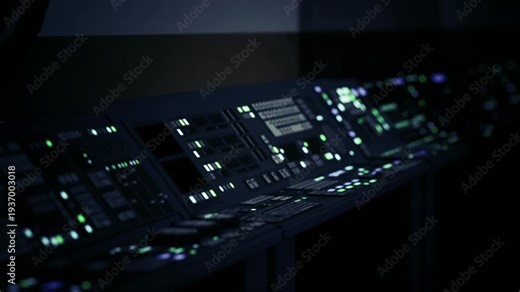 Illuminated control console with multicolored panels and switches, closeup of buttons and status lights compact workstation, tactile controls and technical