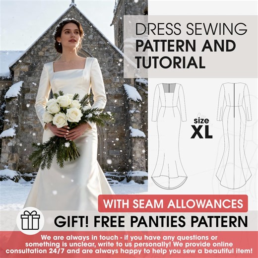 Wedding Gown Sewing Pattern with Tutorial (XL Size), Train and Square Neckline