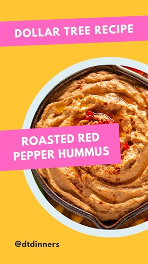 Roasted Red Pepper Hummus (ALL Dollar Tree Ingredients) 2 cans of chickpeas 1 jar roasted red pepper strips Lemon Juice Citrus Garlic Seasoning (or seasoning of choice) Olive Oil Chips / Crackers Drain chickpeas, saving the liquid, and peel for extra smoothness. Blend chickpeas with one garlic clove, 2 TB lemon juice, ¼ C olive oil, 3-4 tsp seasoning, and pepper strips. Add reserved chickpea liquid until it reaches your desired consistency (~ ¼ C). Top w/ chopped pepper & a drizzle of oil. | Dol