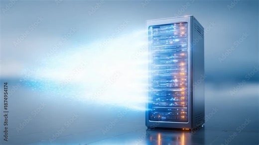 Data Gateway: A server cabinet illuminates, highlighting modern data center infrastructure, transferring digital data and representing technology and communication.