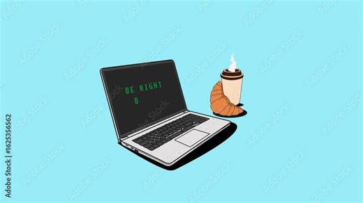 Be right back text animated screen with Laptop and a bottle of coffee. Media overlay for stream, streaming countdown, opener video for live broadcast, intros, social media, vtuber