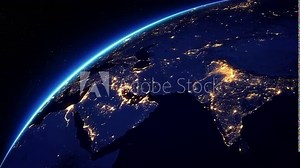 Animation of Spinning Earth Seen From Space, From Asia to Europe. Cities with Lights. 3d Animation.